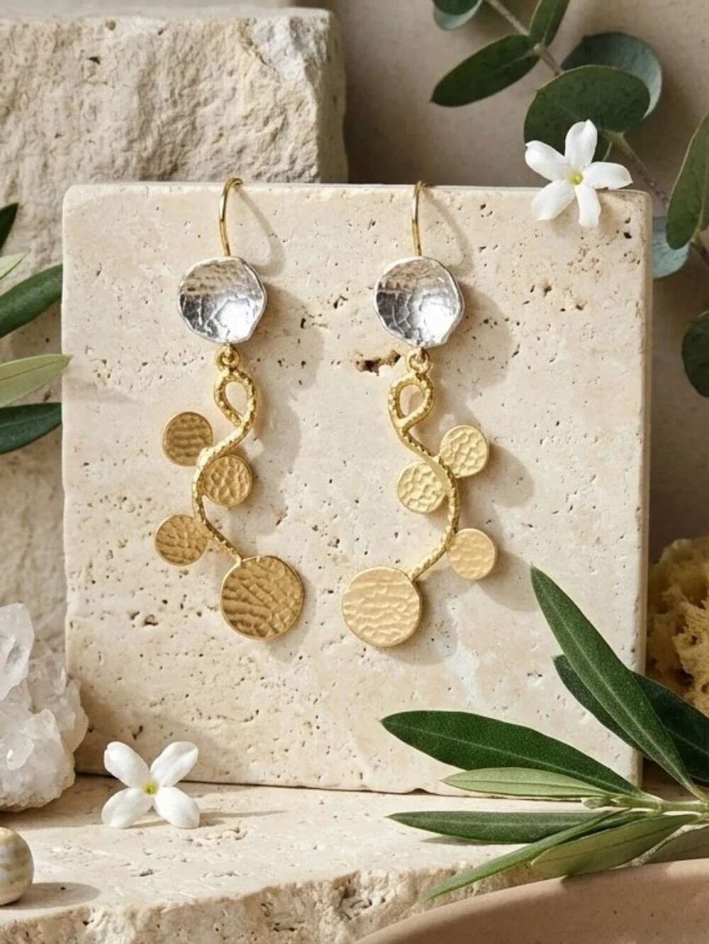 18K Gold Plated Brass Turkish Two Tone Hammered Vine Drop Earrings 3